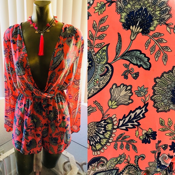 Fabulous Neon CORAL Floral Print ROMPER M/L - Picture 7 of 8